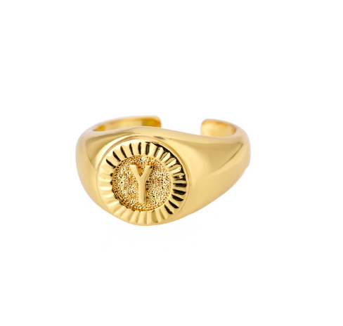 Maxzone Vintage Initial Letter Signet Rings For Women Stainless Steel Ring Round Opening Gold Letter Ring Aesthetic Wedding Jewelry Gift Y
