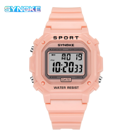 SYNOKE Men's Watch Square Silicone Strap Electronic Outdoor Digital Sports Watch PINK