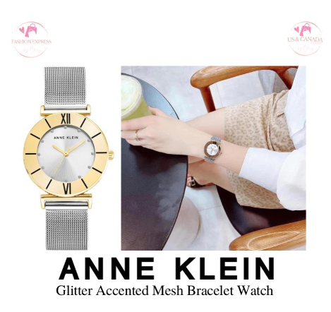 Anne Klein Women's AK/3781SVTT Glitter Accented Mesh Bracelet Watch