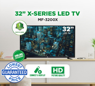 X-SERIES 32" LED TV Slim Bezel USB Port HDMI VGA Dynamic Sound HDR Quality (Black) [MF-3200X]