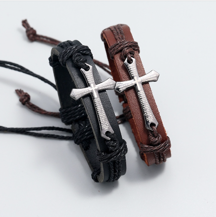 Vintage Cross Men's Fashion Adjustable Leather Bracelet / Jewelry Accessories 18CM