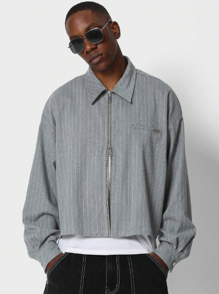 SUMWON Crop Fit Zip Through Long Sleeve Stripe Shirt