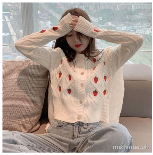Spring and Autumn New Fashion Strawberry Embroidered Student Wild Long Sleeve Knit Cardigan Women Jacket Wool Top