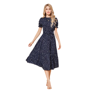 Lovito Women Casual Polka Dot Ruffle Dress LBL06010 (Dark Blue)