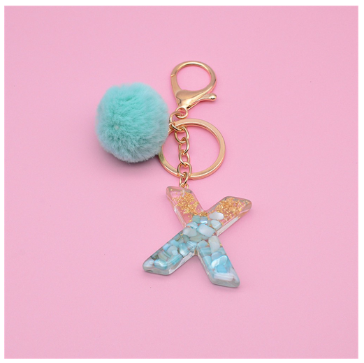 Cute Keyring Green Pompom Fur Ball 26 Letter Keychain Resin Key Chains Handbag Charms For Woman Ornaments Accessories Gift X