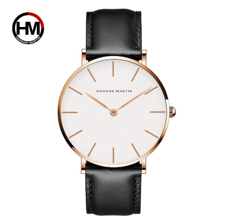 Hannah Martin Casual Watch Men Sports Quartz Wristwatch Waterproof Leather Wrist Watch BLACK GOLD WHITE