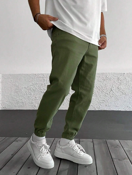 Men's Fashionable Casual Solid-Colored Joggers, Long Trousers With Elastic Cuffs