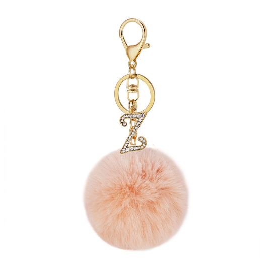 New 26 Letter Rhinestone Alloy Keychain Charm Girls Pink Pompom Key Ring Car Key Holder Women Bag Ornaments Accessories Z