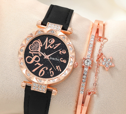 Watch for Women with Bracelet Original Sports Waterproof Black Leather Strap