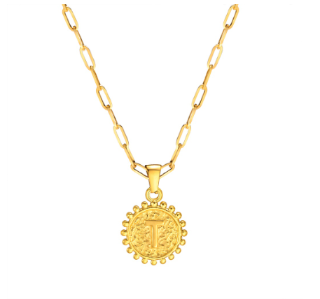 Vnox Initial 14K Gold-Plated Necklace, Round Pendant Adjustable Alphabet Letter Necklace for Women Men T