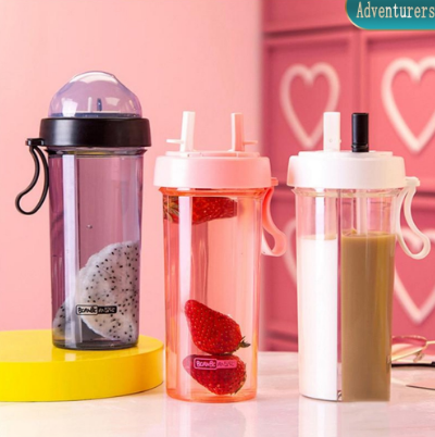 Adventurers 600ml Drinking Bottle Double Side Use Cup Water 2Sides Straws Couple Bottle Travel