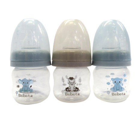 Bebeta F. Bottle 2oz Regular Neck w/Scale Hood & Dark Print 3Pcs/Pk Blue/Pink