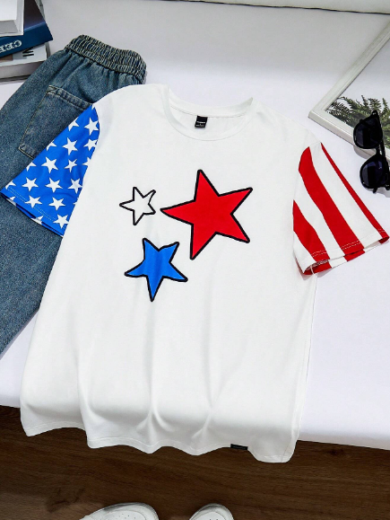 Manfinity UrbanChill Men's Knit Casual Flag Printed Short Sleeve Tee, Fashionable And Youthful