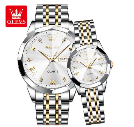 Olevs New Couple Watch Waterproof Original With Box Fashion Calendar Luminous Stainless Steel Luminous Luxury Quartz Wrist Watch WHITE DIAL TWO TONE