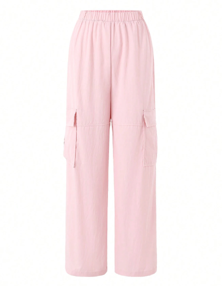 Teen Girl Solid Color Loose Fit Utility Pocket Straight Leg Casual Pants, Versatile Style