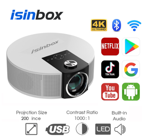 Isinbox Q10 Bluetooth Wi-Fi Projector 4K HD Portable Projector with HDMI/Android System Netflix