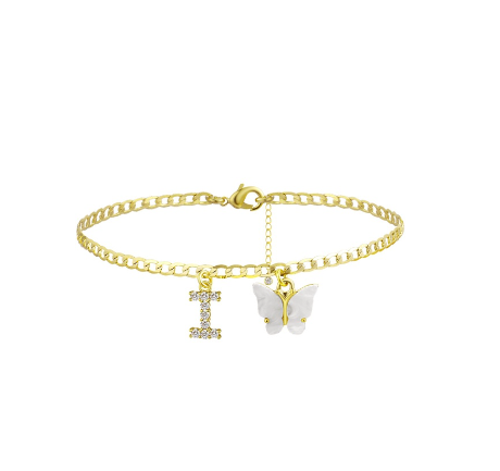 Fation Dainty Butterfly Initial Ankle Bracelets Handmade Cuban Chain White Butterfly A-Z Alphabet Letter Initial Anklets Summer Beach I