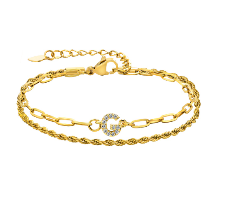 Vnox Letter Double Layer Braelet,18K Gold Fried Twistsed Paper Clip Zirconia Initial Stainless Steel Chain Link for Women G