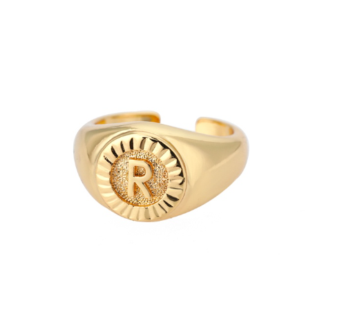 Maxzone Vintage Initial Letter Signet Rings For Women Stainless Steel Ring Round Opening Gold Letter Ring Aesthetic Wedding Jewelry Gift R