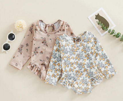 Kids Girl Summer Swimsuits Floral Print Long Sleeve Ruffles Jumpsuit Swimwear Beachwear Bathing Suits Children´s Clothing