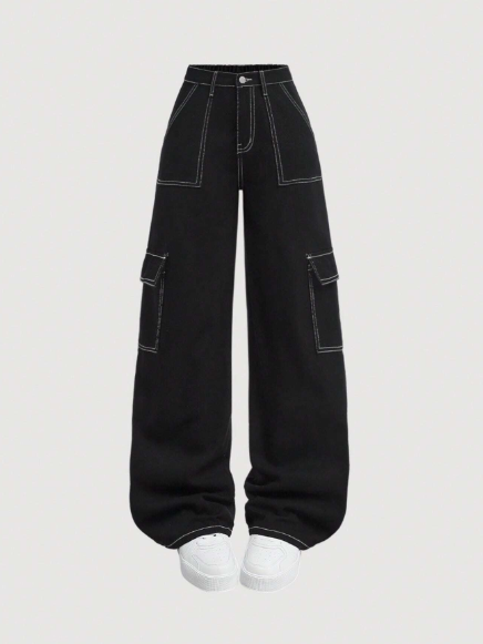SHEIN Teen Girls' Y2K Color-Blocking Stitching Black Loose Wide Leg Baggy Jeans,Summer Thin Denim With Pockets And Wide-Leg Cargo Pants,Teen Girl Summer Preppy Style Break Clothes Outfits
