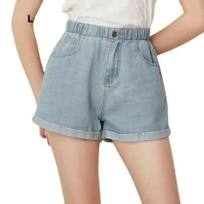 Lovito Casual Plain Elastic Waist Side Pocket High Waist Roll Hem Denim Shorts For Women L24AD023 (Blue)