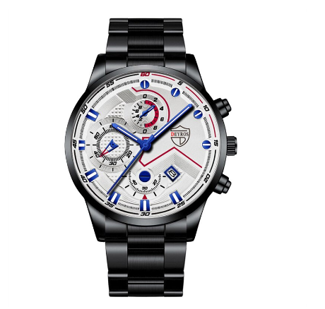 Chrono Mens Watches Quartz Business Wacthes Men Stainless Steel Three Eyes Sports Waterproof Wristwatch BLACK WHITE