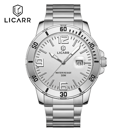 LICARR Top Brand Mens Watches Fashion Quartz Sport Waterproof Date Stainless Steel Clock Male Casual Business Wrist Watch SILVER WHITE
