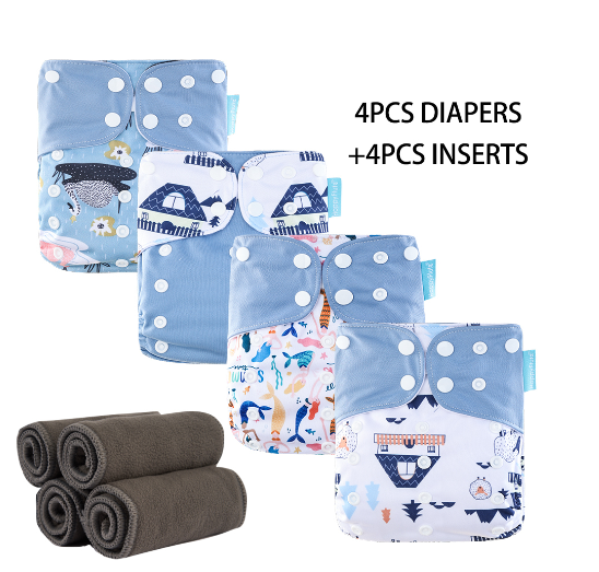 HappyFlute Baby Ecological Cloth Diapers Adjustable Washable Reusable Cloth Nappy For Baby Girls and Boys 4pcsDiaper+4pcs Inserts Set 2