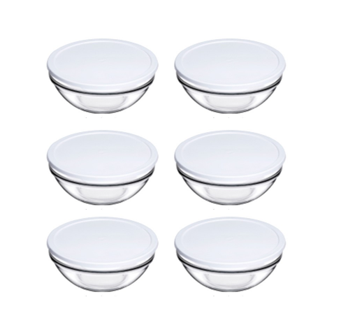 Pasabahce Chef's Small Glass Bowl w/ White Lid 595cc 19 3/4 oz, Set of 6 (53553WHT 6s)