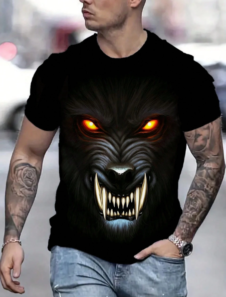 Men's Plus Size Wolf Printed Round Neck Short Sleeve Casual T-Shirt, Summer