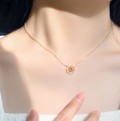 Silver Necklace Female Citrine Gemstone Octagonal Star Clavicle Chain
