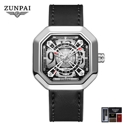 ZUNPAI Watch for Men's Original Waterproof Stainless Steel Leather strap Silver Gold Fashion Luminous Watch SILVER