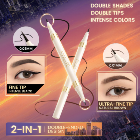 FOCALLURE AmberGold Double-ended Liquid Eyeliner Waterproof 2-in-1 Fine Tip Quick Dry Waterproof Smudge-Proof Long Lasting