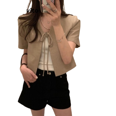 Lovito Women Casual Plain Lace Up Blazer LNA26109 (Khaki)