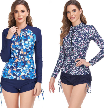 European American New Style Beach Sunscreen Long-Sleeved Swimsuit Printed High Waist Surfing Suit
