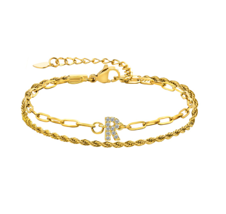 Vnox Letter Double Layer Braelet,18K Gold Fried Twistsed Paper Clip Zirconia Initial Stainless Steel Chain Link for Women R