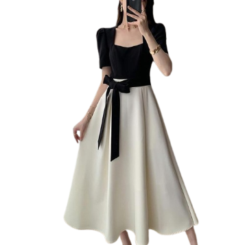 Lovito Women Elegant Patchwork Fabric Stitching Belted Dress LNE43275