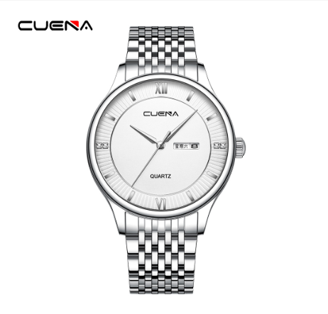 Original CUENA Men's Watches Fashion Brand Simple Retro Dial Stainless Steel Quartz Analog Waterproof  Watch SILVER WHITE