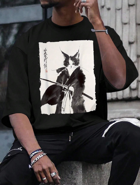 Manfinity Homme Plus Size Men's Round Neck Wildcat Print Loose Fit Trendy T-Shirt
