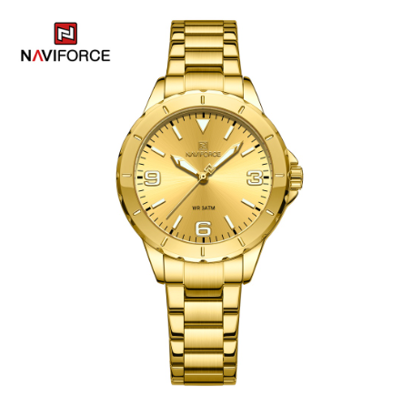 Naviforce Women Fashion Top Brand Luxury Blue Gold Ladies Genuine Leather Bracelet Classic Female Clock  GOLD