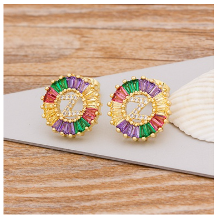 Colorful Choice 26 Initial Letters Earrings Cute Alphabet Copper CZ A-Z Rainbow Stud Earrings Name Jewelry Z