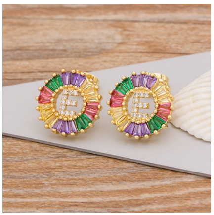 Colorful Choice 26 Initial Letters Earrings Cute Alphabet Copper CZ A-Z Rainbow Stud Earrings Name Jewelry E