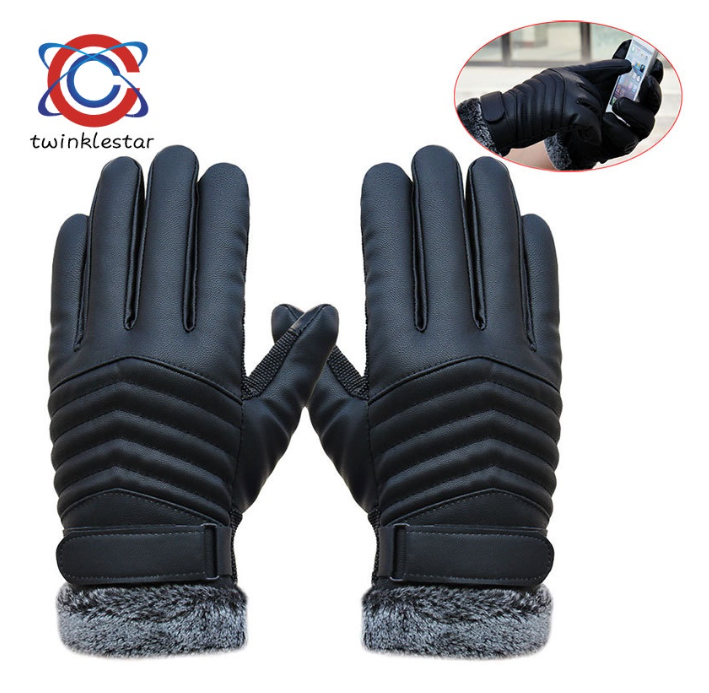 1Pair Men Synthenic PU Golves Winter Warm Five Finger Wrist Gloves Cut Wool Thicken Touches Screen Fur Mittens