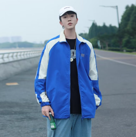Color Matching Windbreaker Men's Autumn Trend Loose Handsome All-Match Casual Student Long-Sleeved Blue Plus Size Jacket