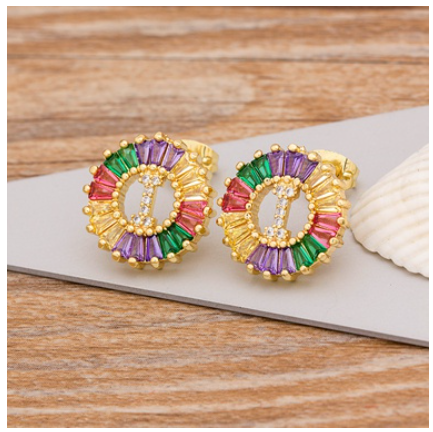 Colorful Choice 26 Initial Letters Earrings Cute Alphabet Copper CZ A-Z Rainbow Stud Earrings Name Jewelry I