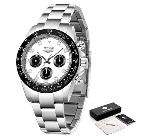 Wwoor Top Brand Mens Sports Quartz Watches Stainless Steel Military Waterproof Three Eyes Chronograph Luxury Wristwatch WHITE DIAL SILVER CASE STRAP