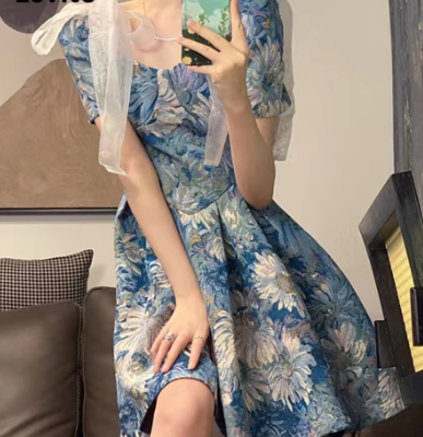 Cute Floral Bow Short Sleeve A-Line Mini Dress for Women (Multicolor)