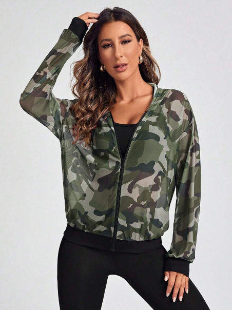 Yoga Trendy Camo Print Drop Shoulder Zipper Hooded Sports Jacket