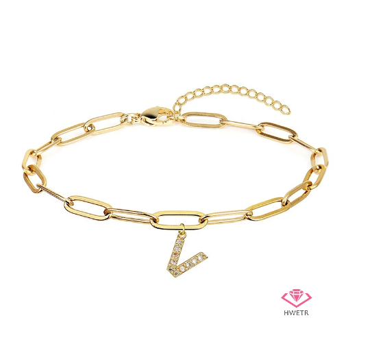 Hwetr Fashion 26 A-Z Initial Bracelet For Women Classic Zircon Letter Pendant Paper Clip Chain Bracelet Jewelry Accessories Gift V